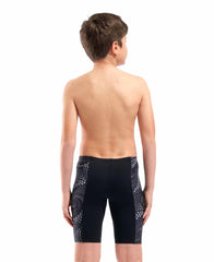 Black Arena Boys Fireflow swim jammer shown with a sleek, fitted design, ideal for competitive swimming and training.