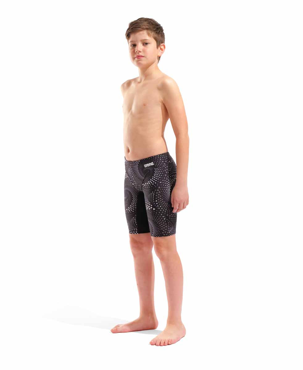 Arena Boys Fireflow Swim Jammer in black and team black, features a sleek design and athletic fit for competitive swimming.