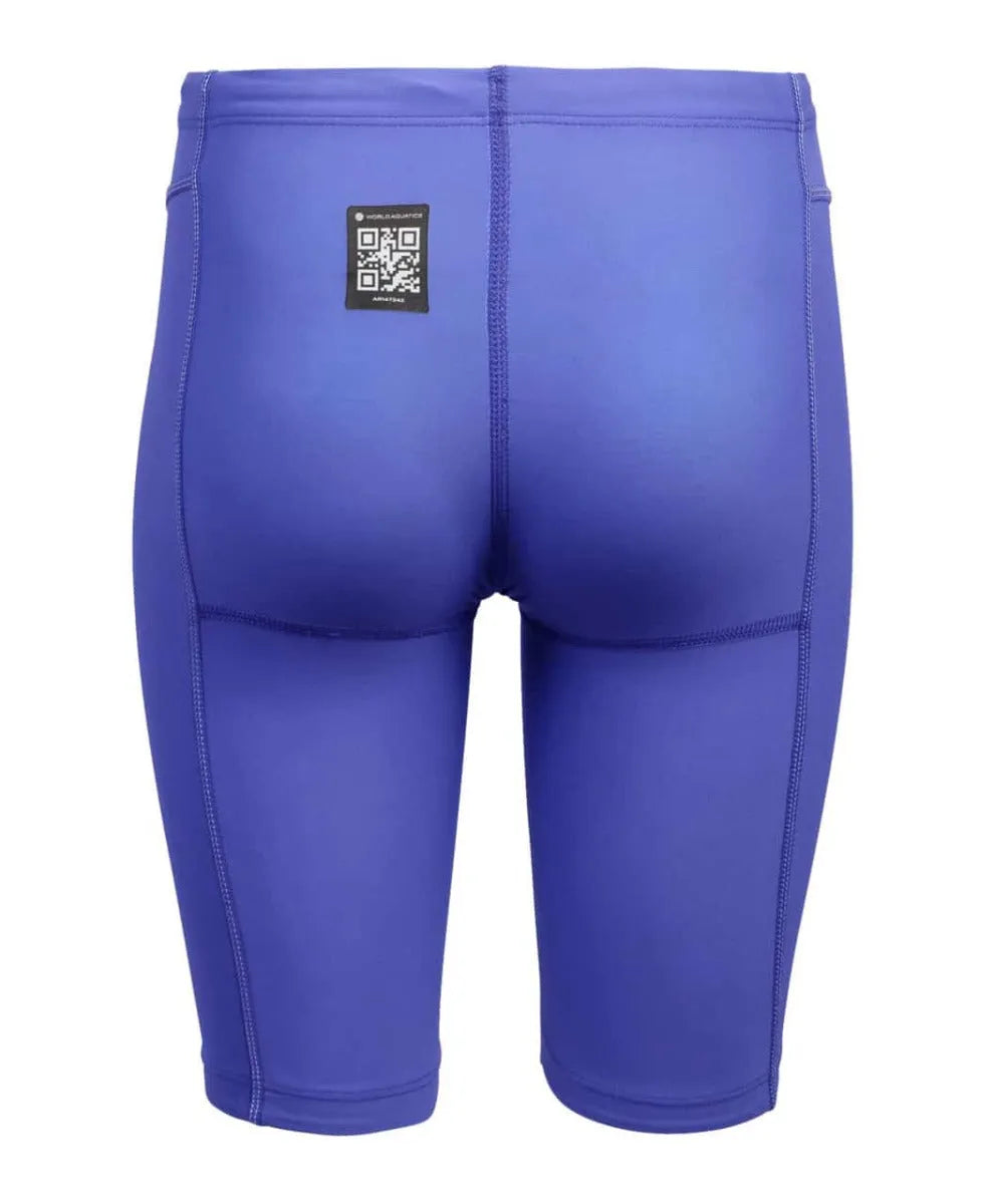 Arena Boys Powerskin Impulso Jammer in Future Dusk, close-up of sleek swim jammer with logo and vibrant blue and black design.