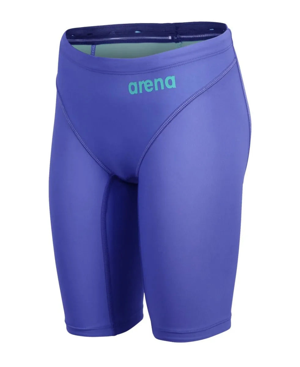 Arena Boys Powerskin Impulso Jammer in Future Dusk, close-up view showing sleek design and vibrant blue color for competitive swimming.