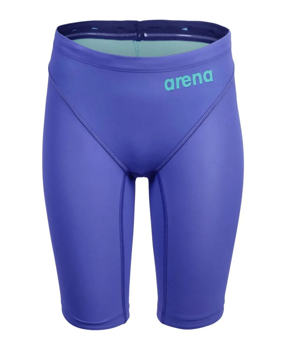 Arena Boys Powerskin Impulso Jammer in Future Dusk, close-up of the sleek blue and black swim jammers with brand logo.