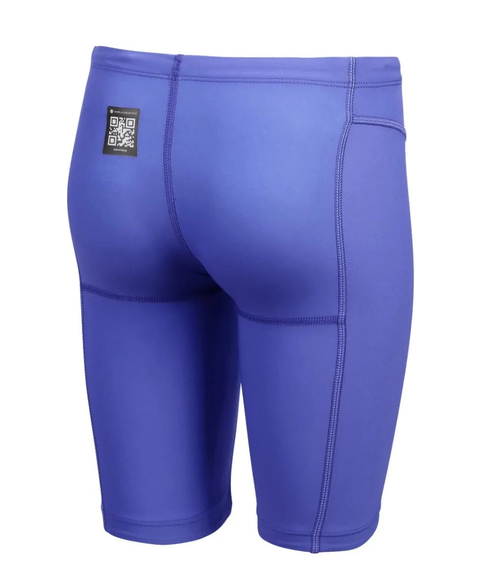 Arena Boys Powerskin Impulso Jammer in Future Dusk, close-up of the sleek navy and black swim jammer with branding details.