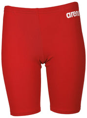 Arena boys' swim jammer in solid navy blue with white logo, designed for competitive swimming and athletic performance.