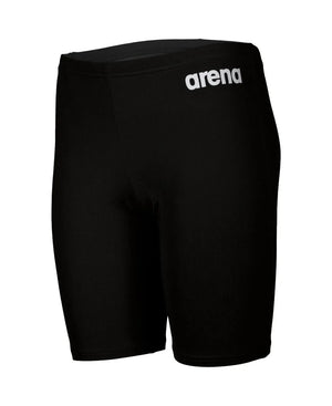 Black Arena boys' swim jammer made of durable, solid fabric, designed for competitive swimming and training.