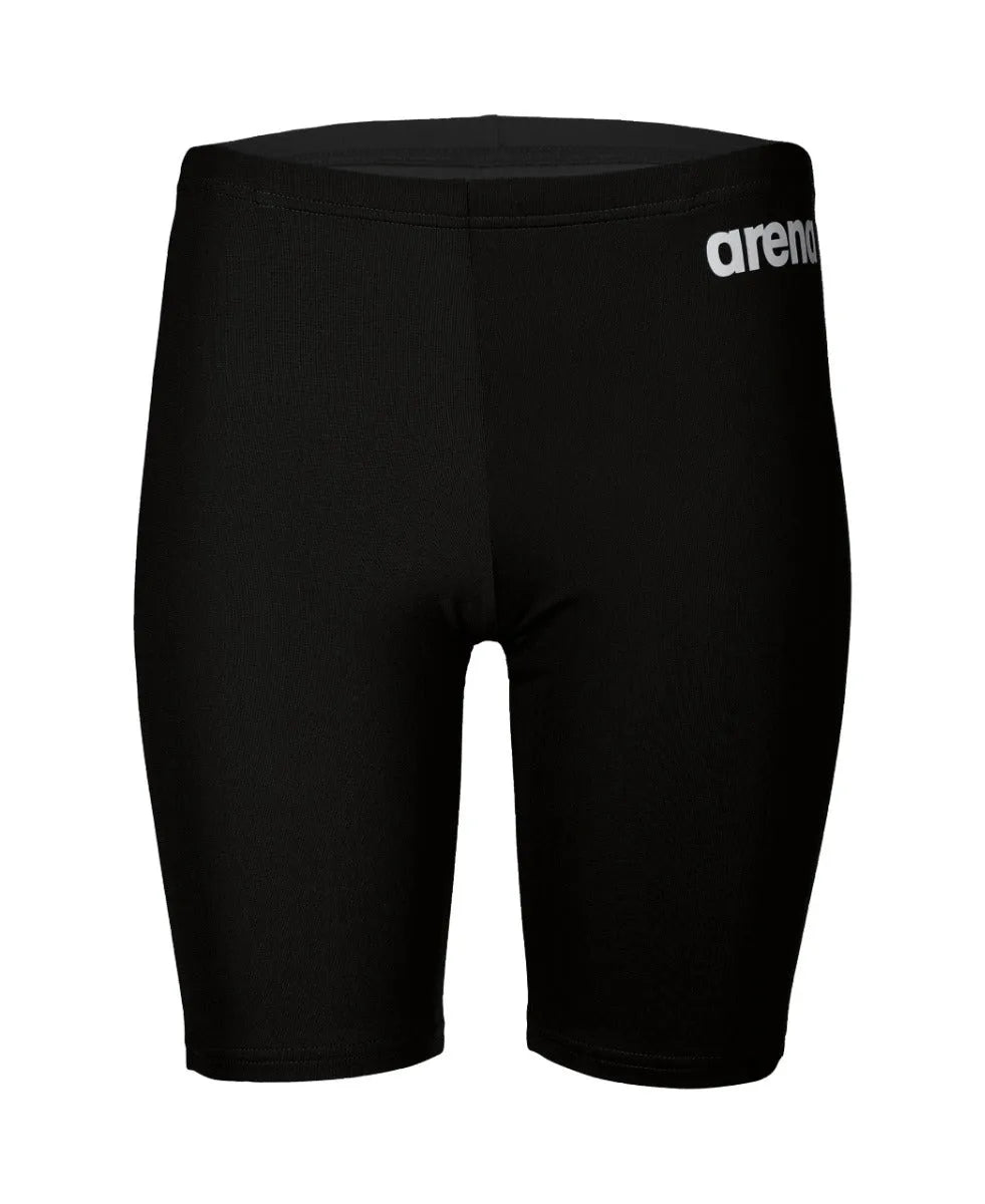 Black Arena boys' swim jammer, made of durable fabric, designed for competitive swimming and training.