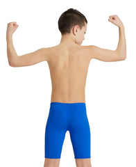 Blue Arena boys' swim jammer, solid design, made for competitive swimming, featuring a snug fit and durable fabric.