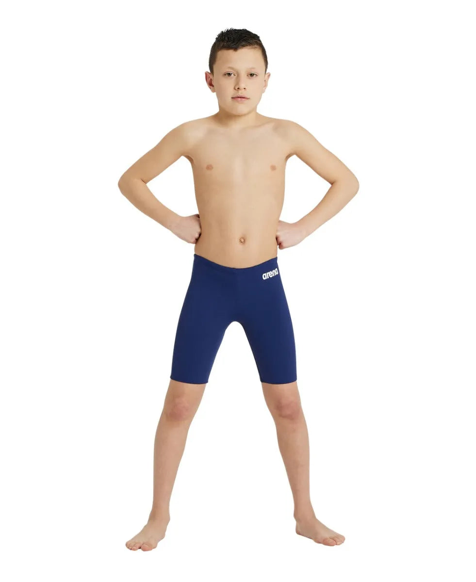 Arena boys' navy blue swim jammer, solid design, made for competitive swimming and training.