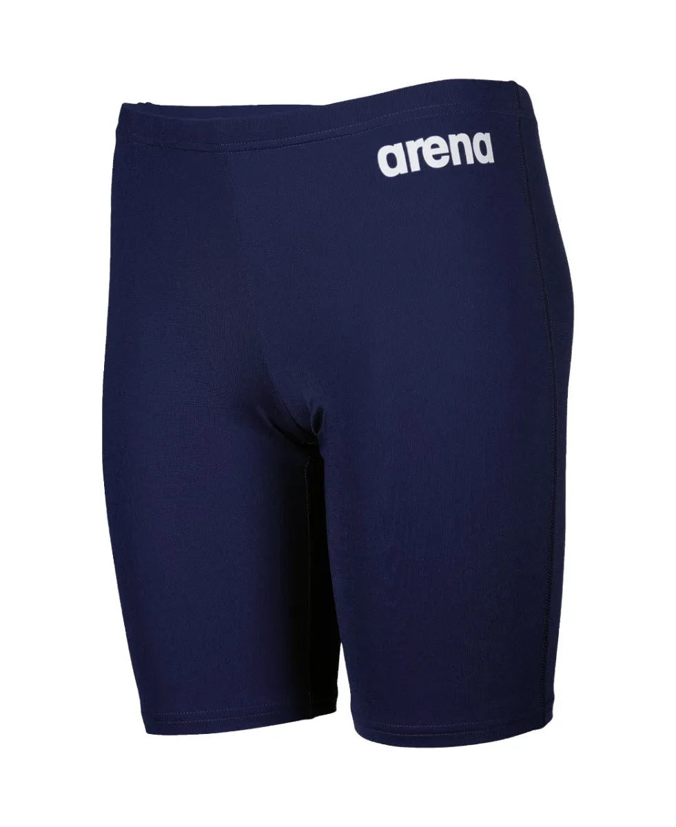 Arena boys' navy blue swim jammer, made for competitive swimming, featuring a sleek, solid design with a comfortable fit.