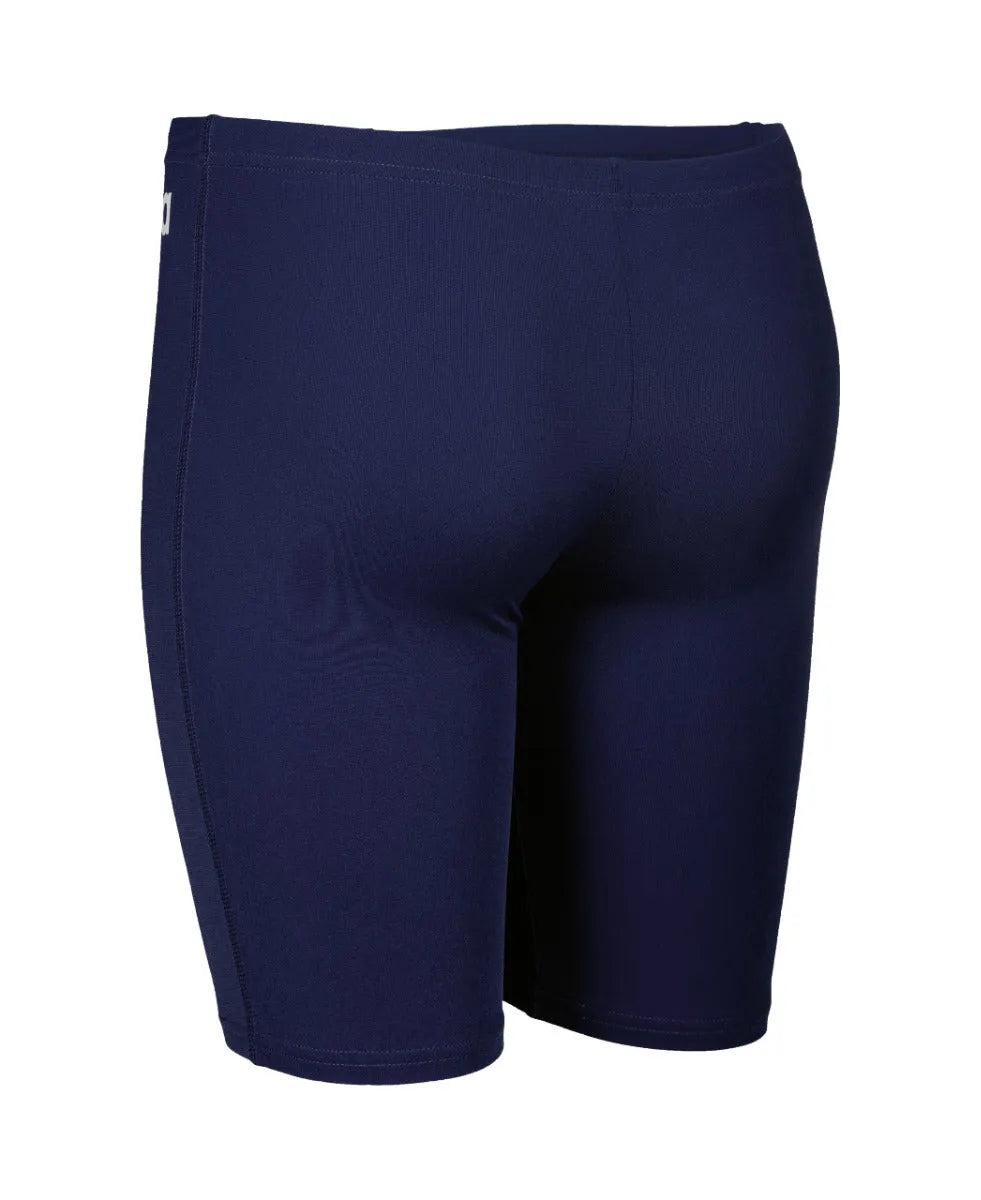 Arena boys' navy blue swim jammers featuring a solid design, ideal for competitive swimming and training.