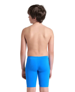Arena boys logo graphic swim jammer in blue river, water, and multi colors featuring a bold logo design for competitive swimming.