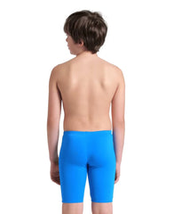 Arena boys logo graphic swim jammer in blue river, water, and multi colors featuring a bold logo design for competitive swimming.