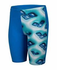 Arena boys' logo graphic swim jammer in blue River, water, and multi colors, featuring a sleek design and the Arena logo.