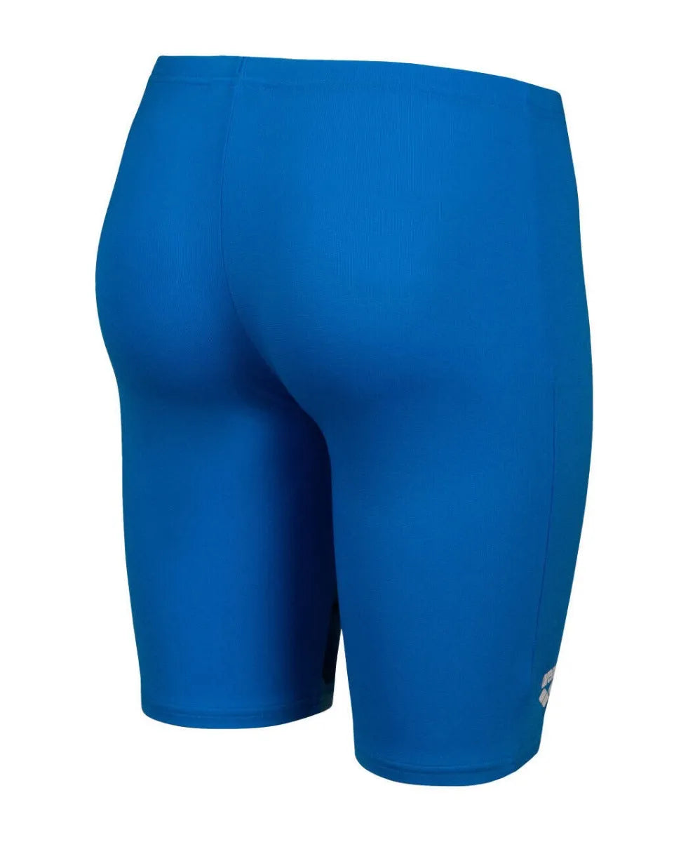 Arena boys' logo graphic swim jammer in blue river, water, and multi colors, featuring the Arena logo and sleek design.