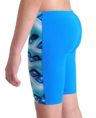 Arena boys' logo graphic swim jammer in blue river, water, and multi colors, made for competitive swimming.