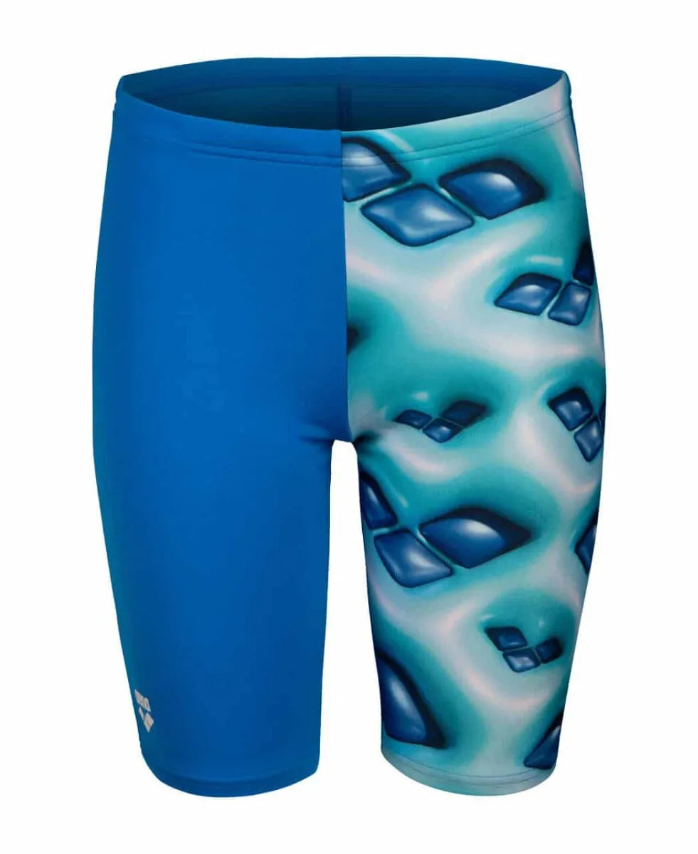 Arena boys' logo graphic swim jammer in blue river and water multi colors, designed for competitive swimming.