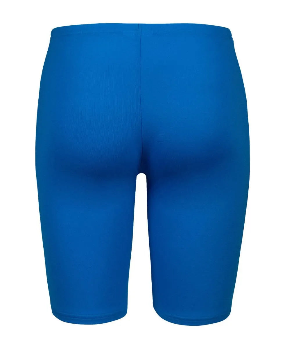 Arena boys' logo graphic swim jammer in blue river, water, and multi colors, designed for swimming and active water sports.