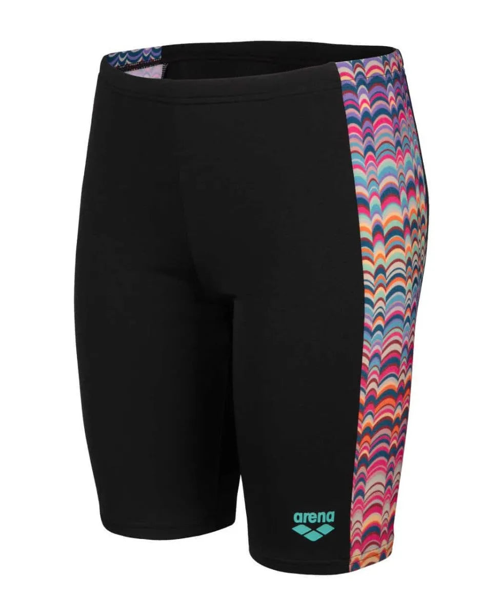 Arena boys' ondulation swim jammers in black, multi, and violet, featuring a sleek, fitted design for competitive swimming.