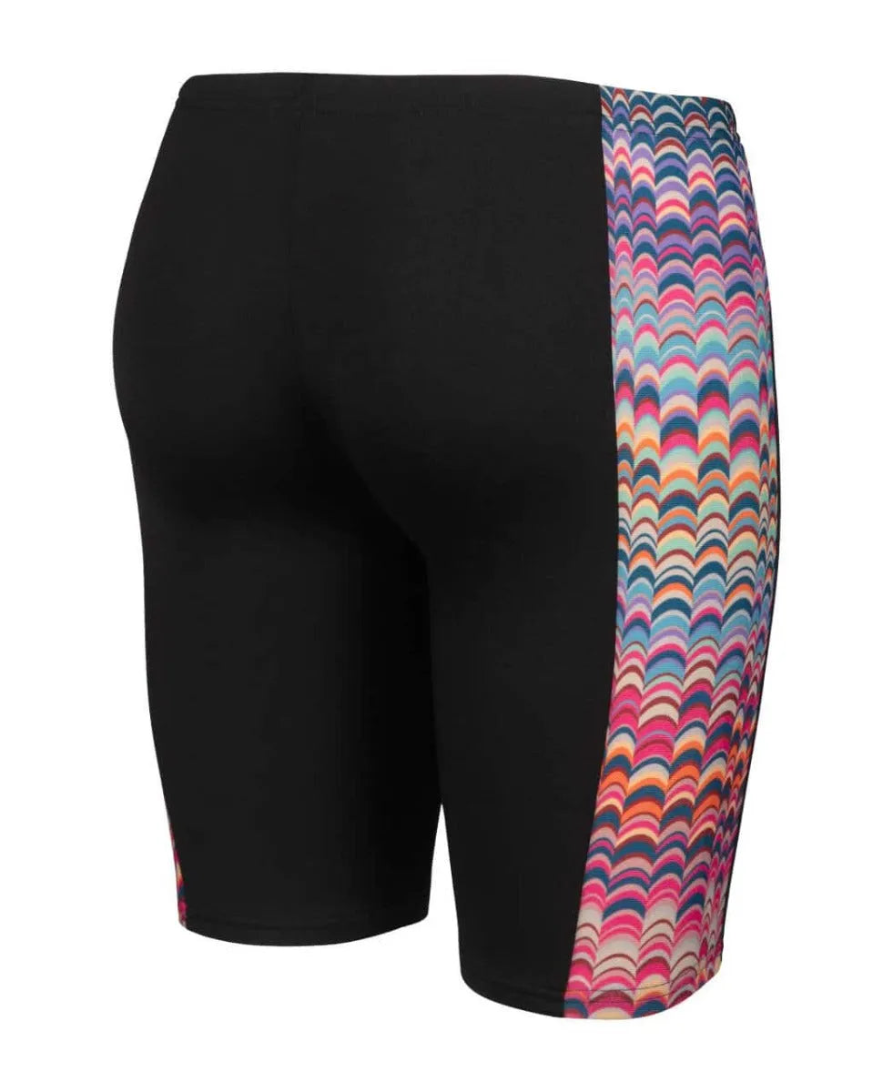 Arena boys' ondulation swim jammer in black, multi-color, and violet, designed for competitive swimming and training.