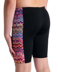 Arena Boys Ondulation swim jammer in black, multi-color, and violet with a sleek, fitted design for competitive swimming.