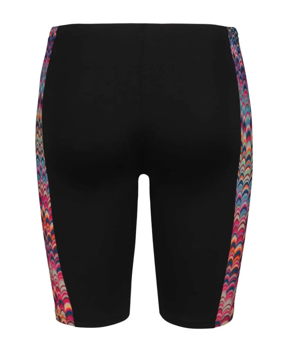 Arena boys' ondulation swim jammer in black, multi, and violet with a sleek, fitted design for competitive swimming.