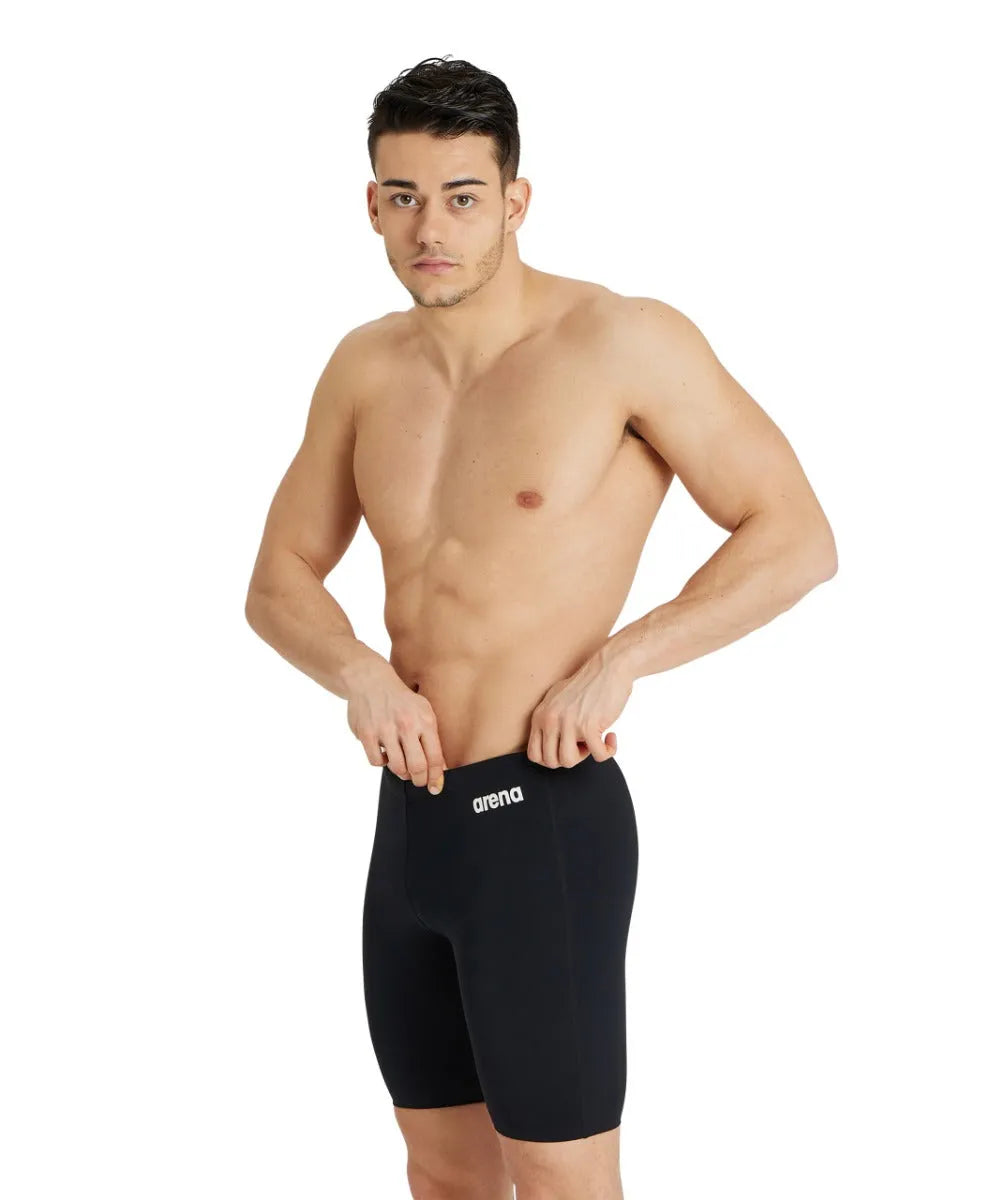 Black Arena men's team swim jammer, snug fit, durable fabric, designed for competitive swimming and training.