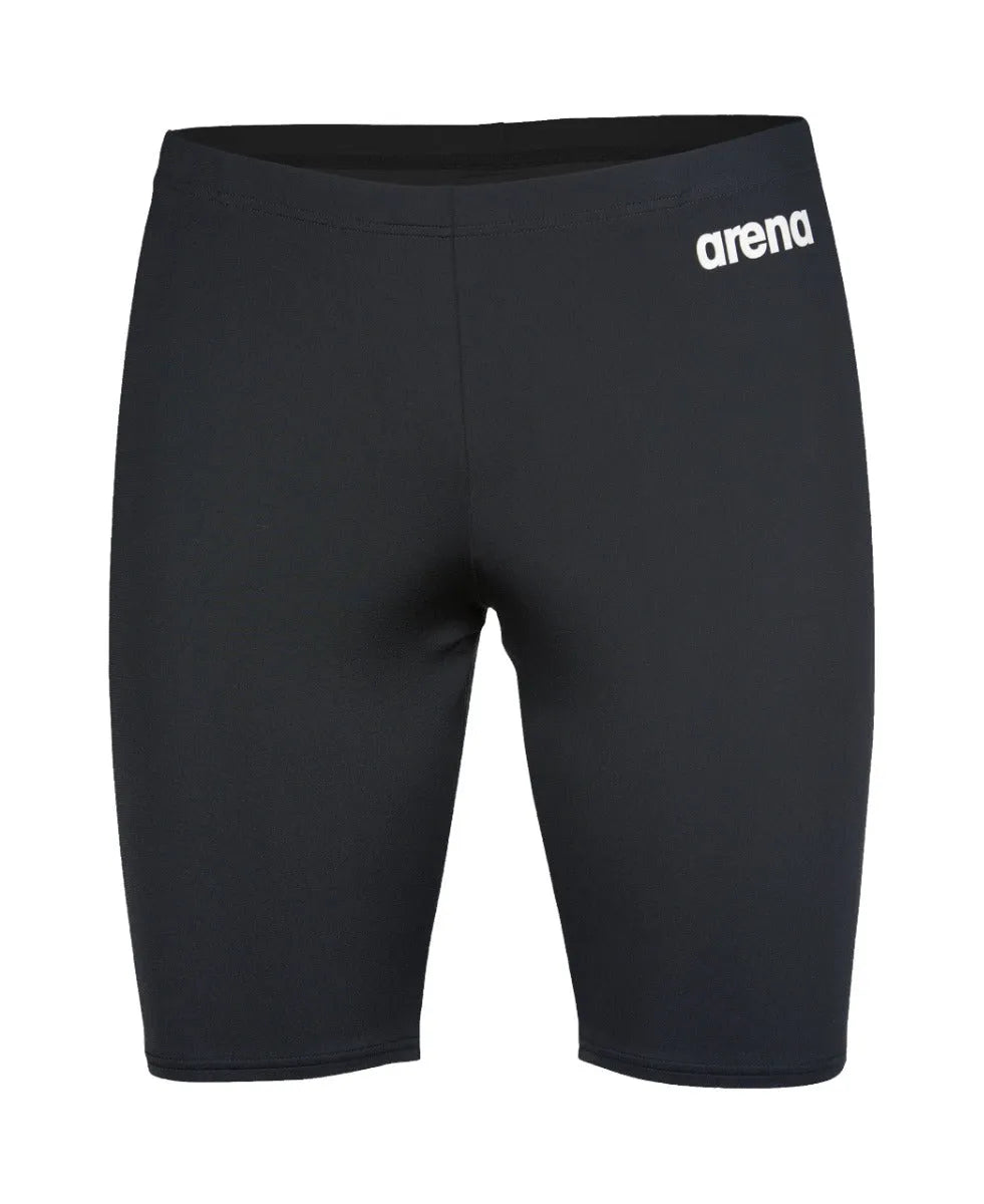 Black Arena men's team swim jammer, fitted swimwear designed for competitive swimming, featuring a streamlined, solid color design.