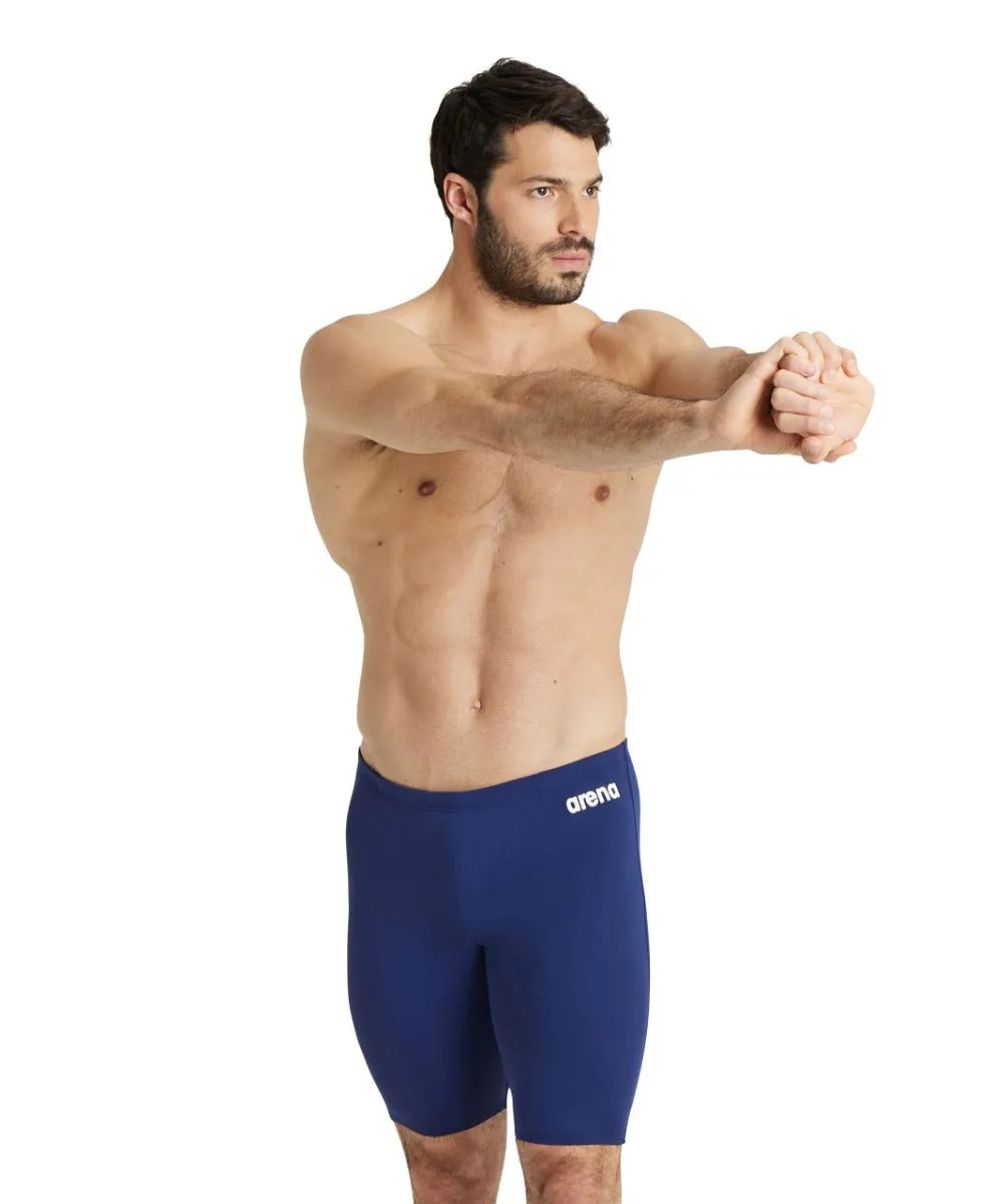 Arena men's swim jammer in navy blue, solid design, snug fit, designed for competitive swimming and training.