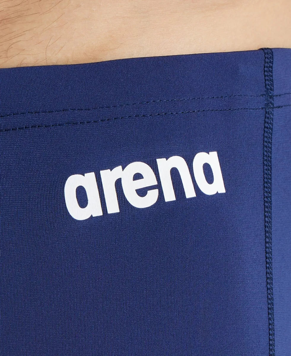 Navy blue Arena men's team swim jammers, snug fit, durable fabric, designed for competitive swimming and training.