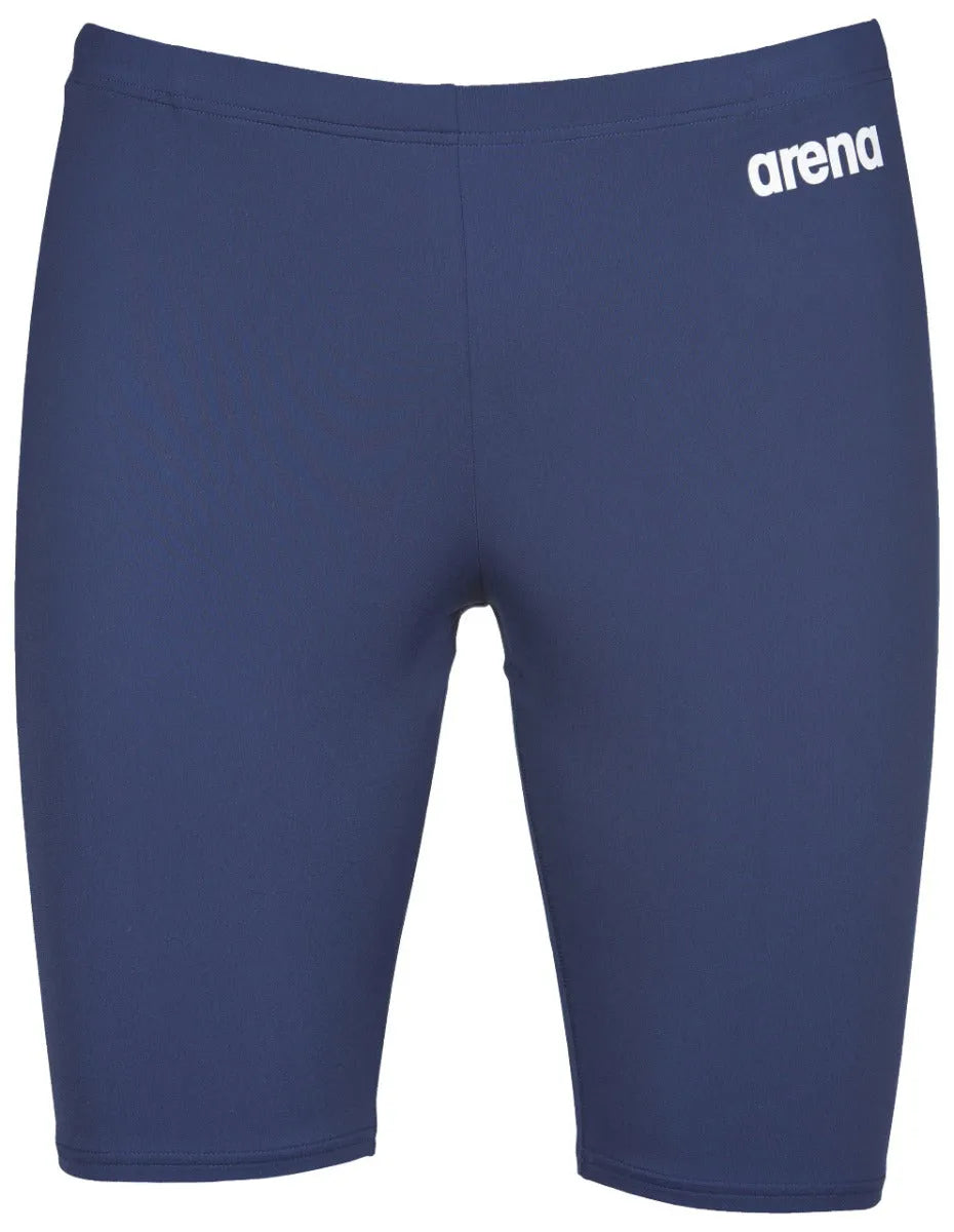 Arena men's navy blue swim jammers, solid design, ideal for competitive swimming, shown on a mannequin.