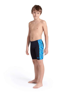 Blue and multi-colored boys' swim jammer by Arena featuring pool tile pattern, designed for comfortable swimming.