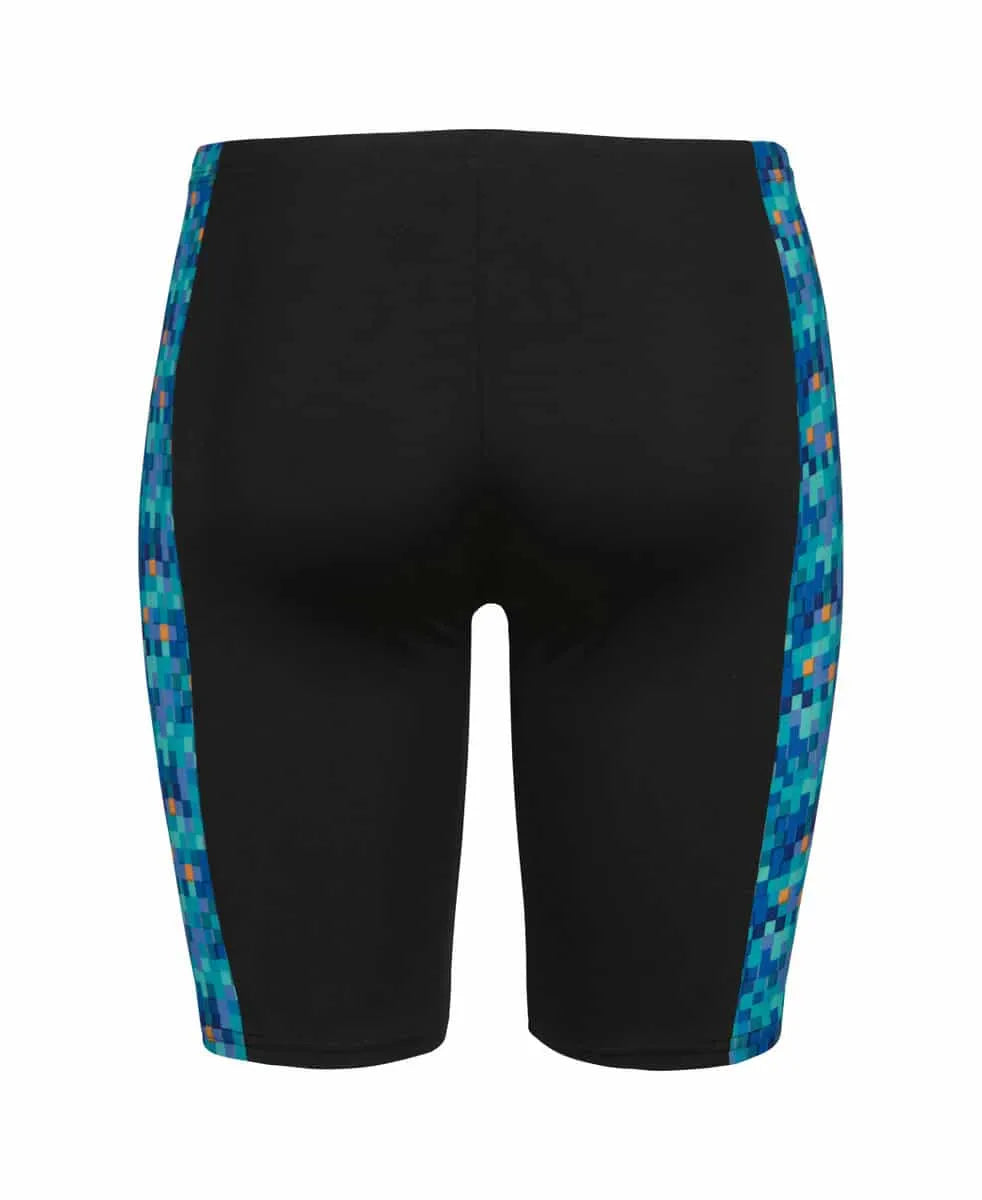 Blue and multi-colored Arena boys' pool tiles swim jammer, close-up of stretchy fabric and vibrant pattern for swimming.