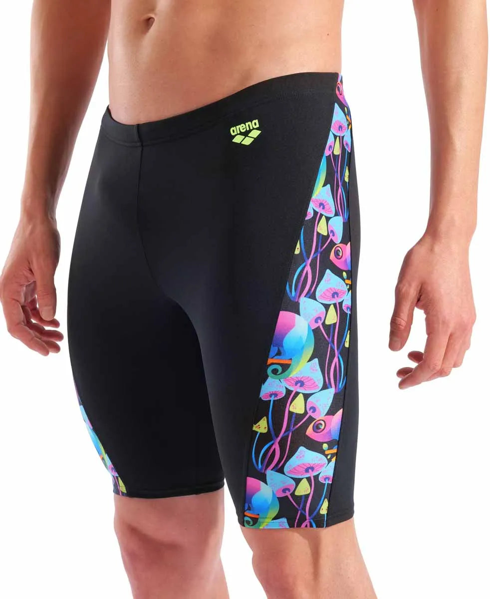 Arena men's multi-chameleons swim jammers in black and multi-colored pattern, designed for competitive swimming and training.