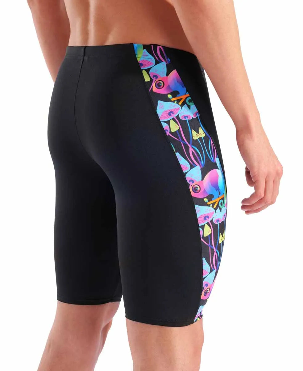 Arena men's multi chameleons swim jammers in black and multicolor design, shown fitted on a model for competitive swimming.