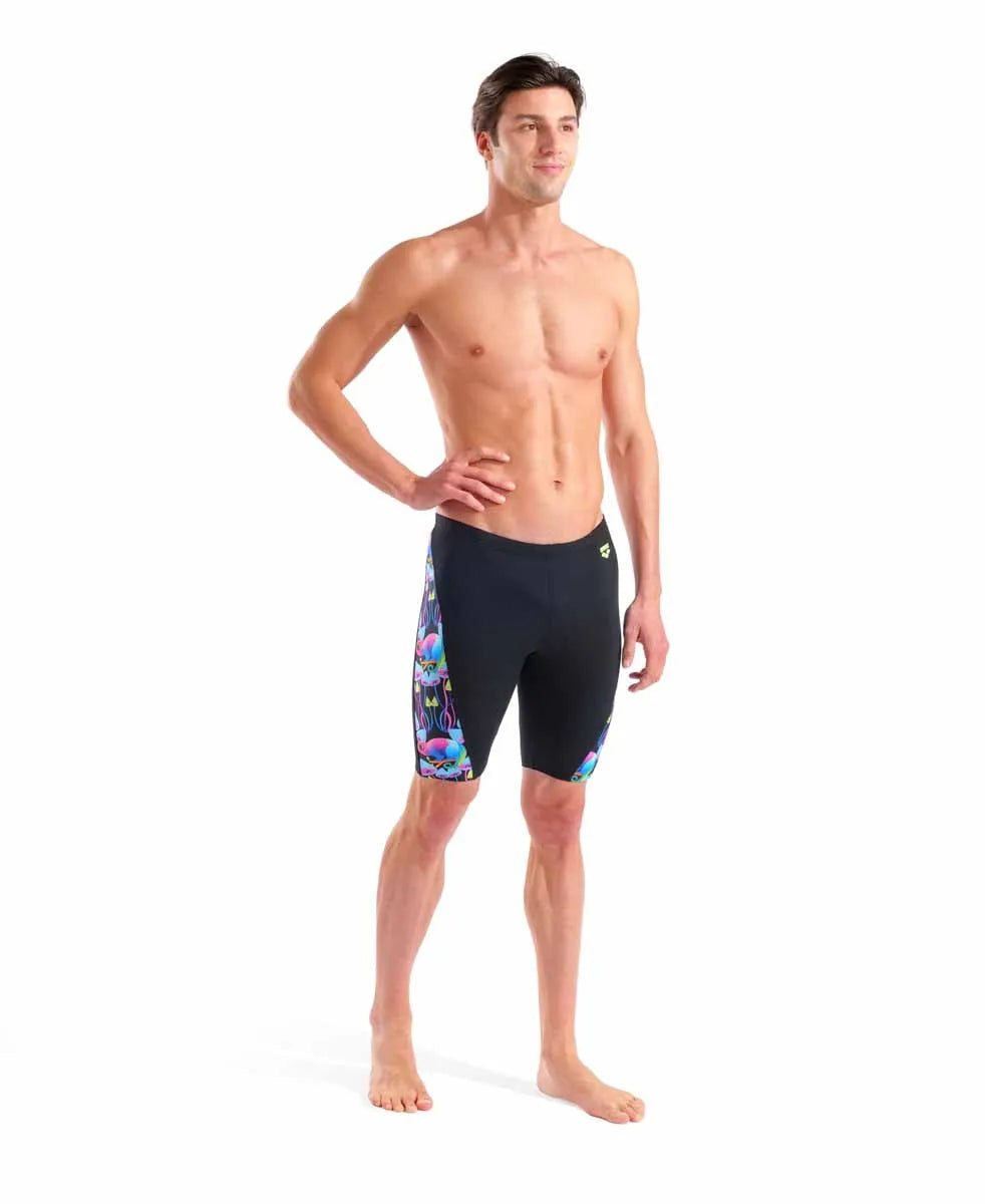 Arena men's multi-chameleons swim jammer in black and multi colors, designed for competitive swimming and training.