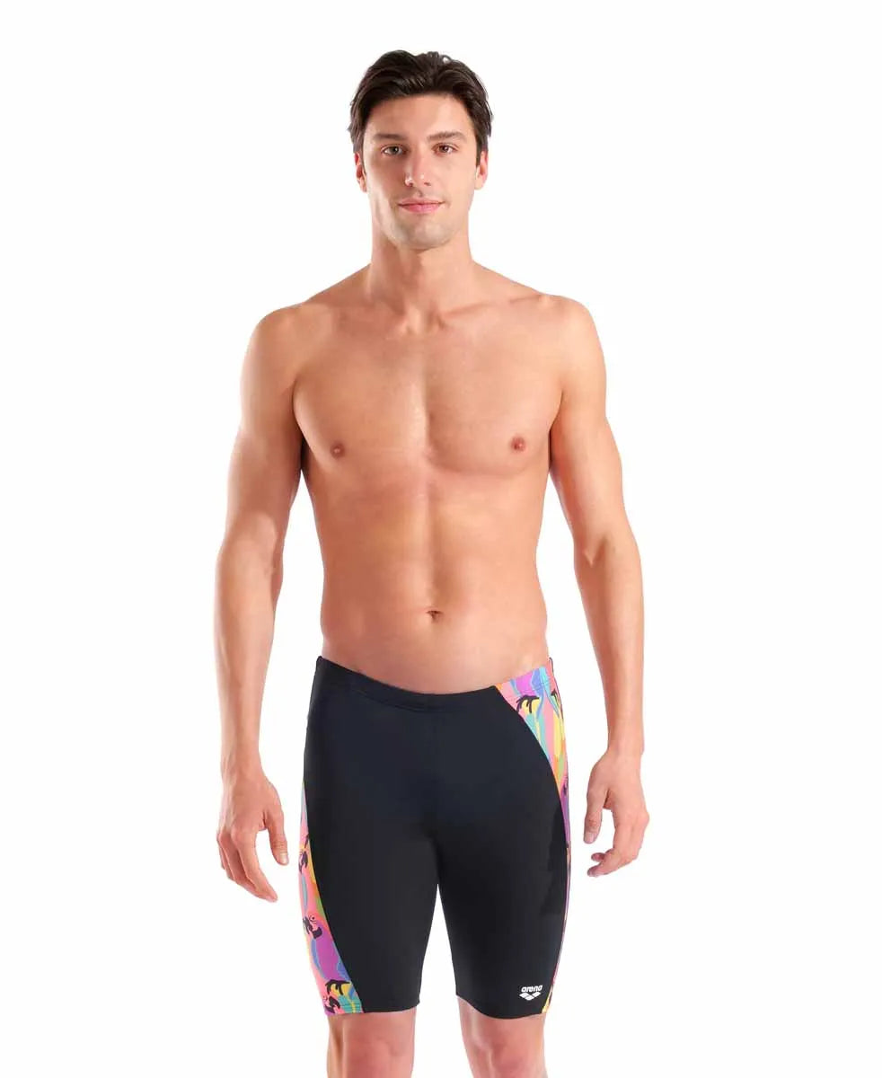 Arena men's Tropical Delight swim jammer in black and multi-color, featuring a sleek, fitted design for competitive swimming and training.