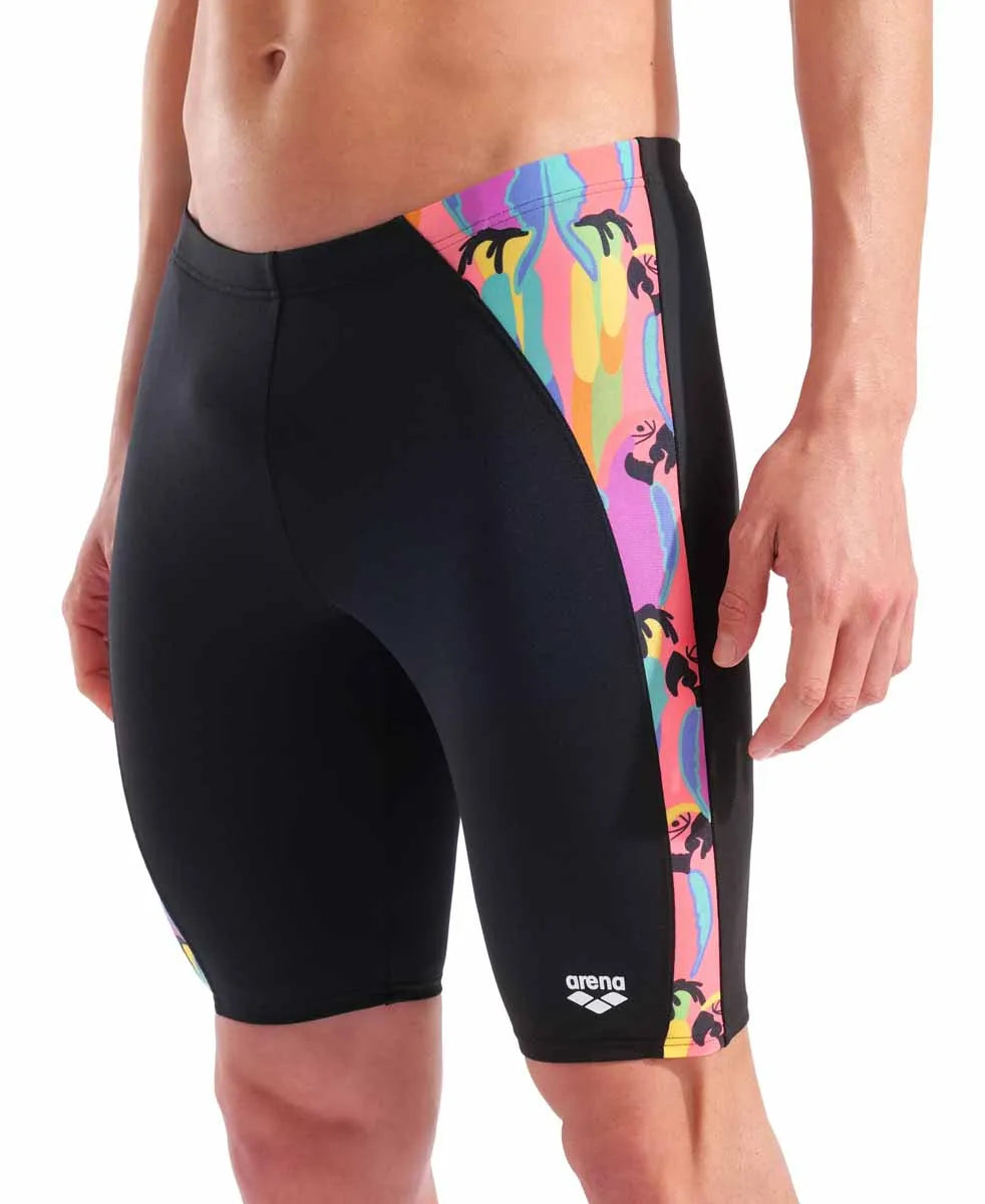 Arena men's Tropical Delight swim jammer in black and multi-color with vibrant tropical print, designed for competitive swimming.