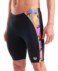 Arena men's Tropical Delight swim jammer in black and multi-color with vibrant tropical print, designed for competitive swimming.