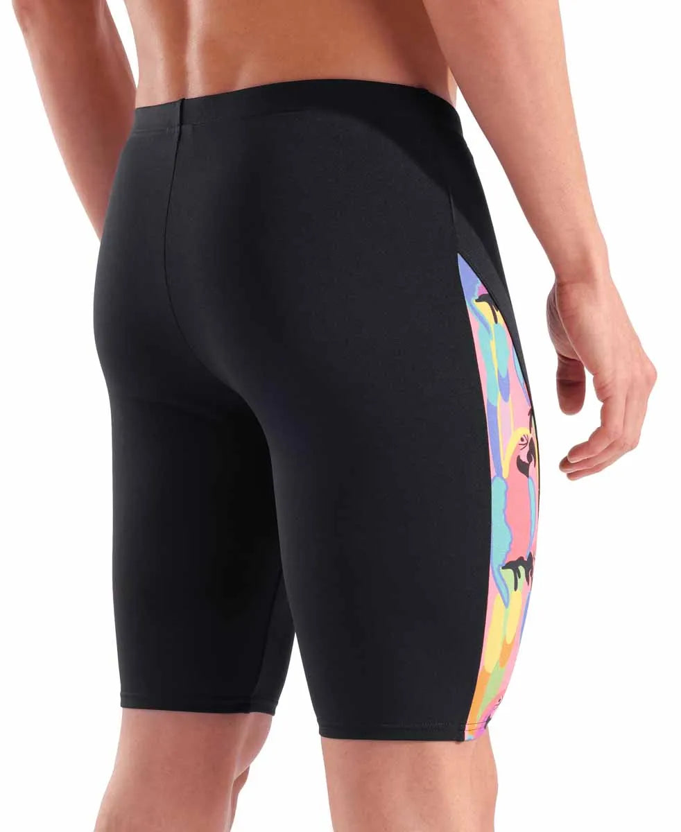 Arena Men's Tropical Delight swim jammer in black and multi-colored tropical print, designed for competitive swimming and training.