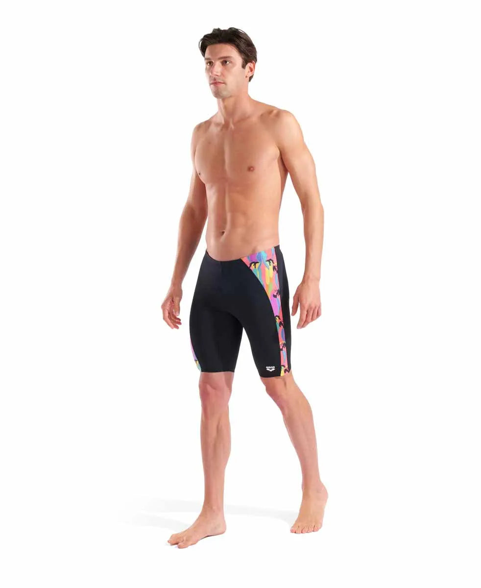 Arena men's Tropical Delight swim jammer in black and multi-color, designed for competitive swimming and training.