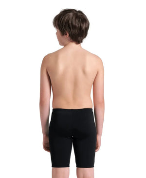 Arena boys' logo graphic swim jammer in black, soft green, and multi-color with bold branding and sporty design.