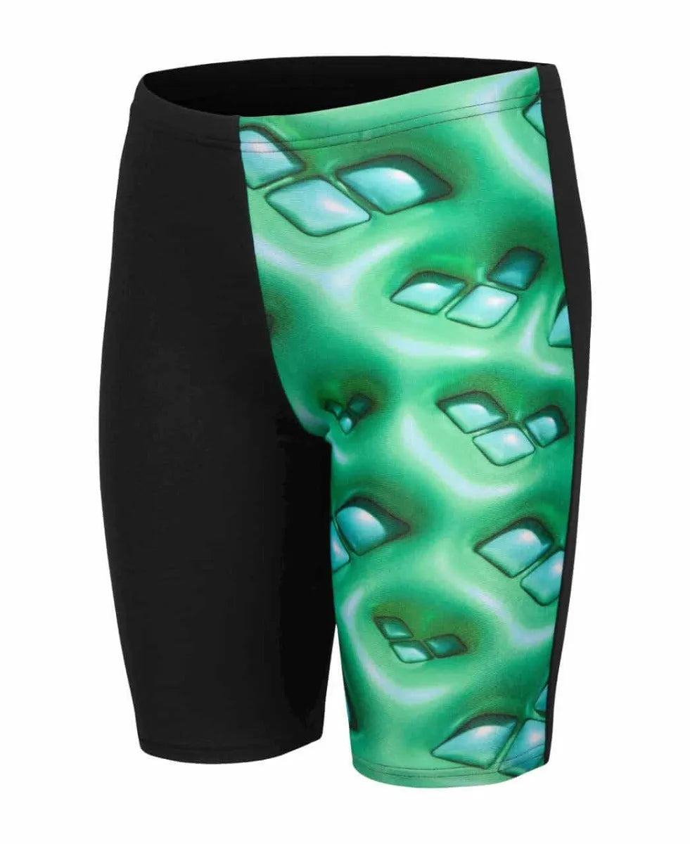 Arena boys' swim jammer with logo graphic in black, soft green, and multi colors, designed for competitive swimming.