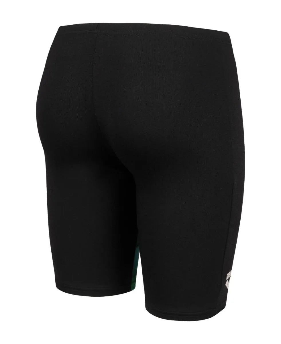 Arena boys' logo graphic swim jammer in black, soft green, and multi colors, designed for competitive swimming.