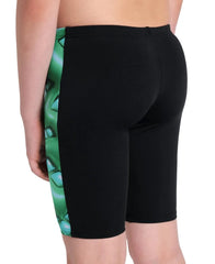 Arena boys' logo graphic swim jammer in black with soft green and multi-colored design, suitable for competitive swimming.