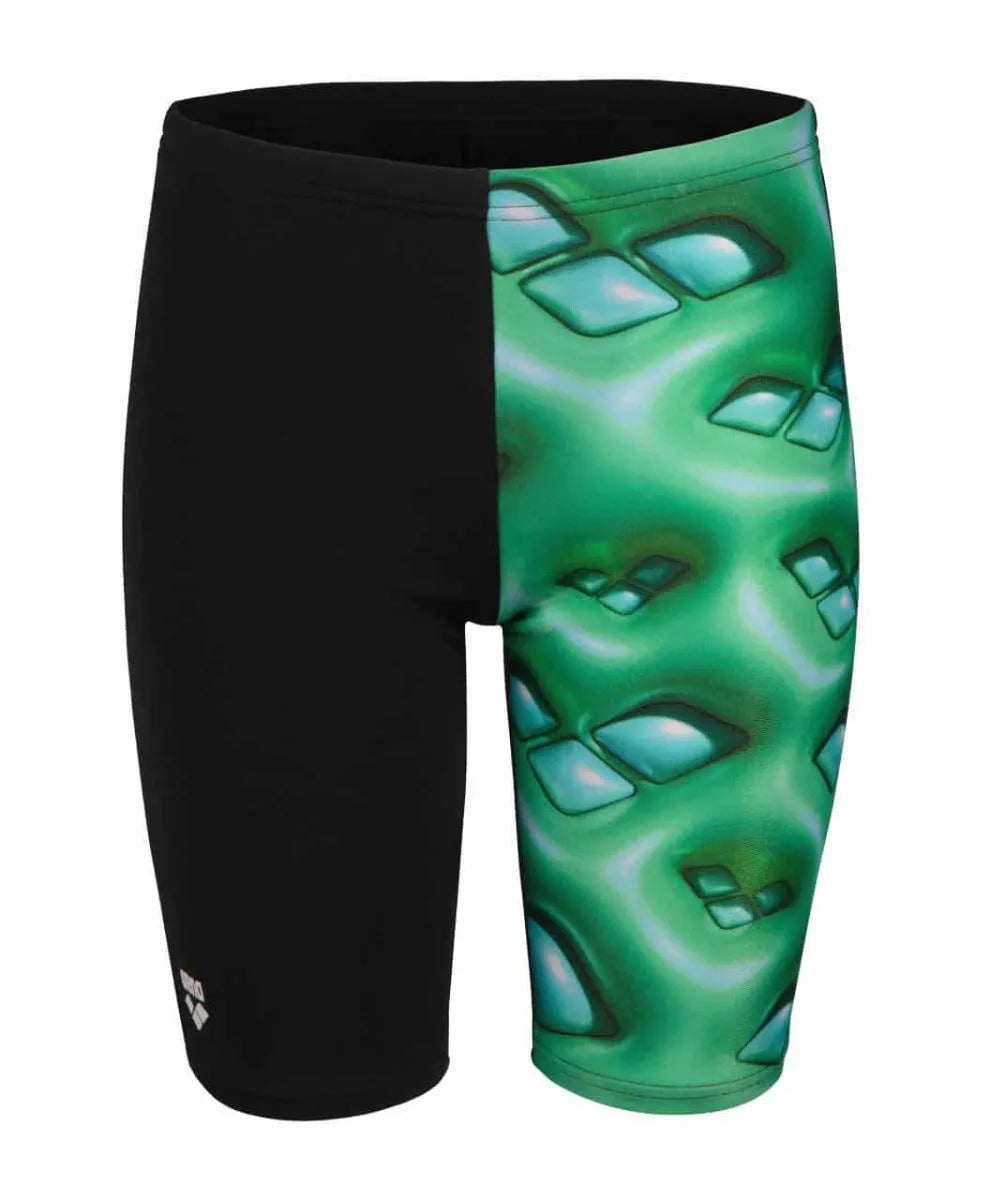 Arena boys' logo graphic swim jammers in black with soft green and multi-colored design, suitable for competitive swimming.