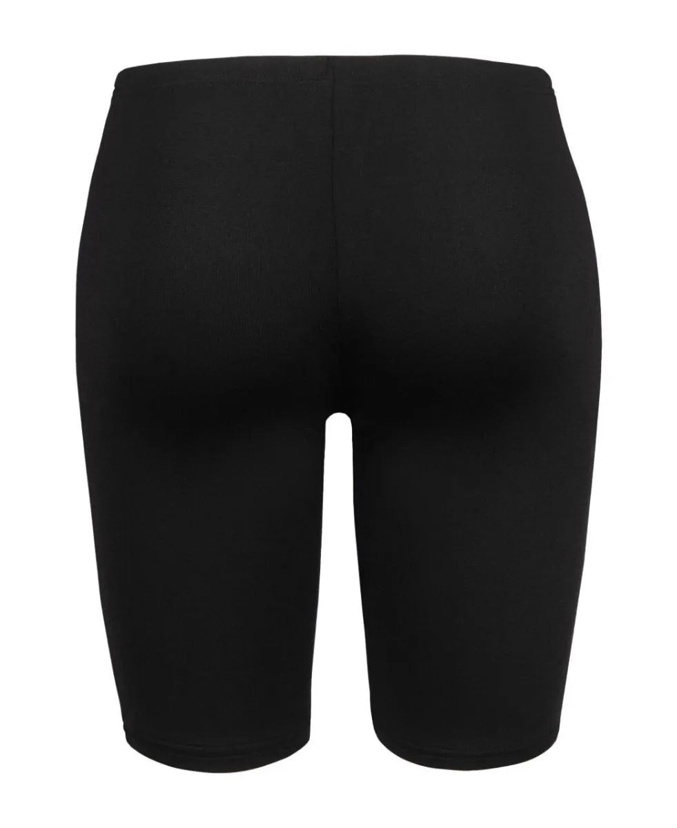 Arena boys' logo graphic swim jammer in black with soft green and multicolor design, made for competitive swimming.