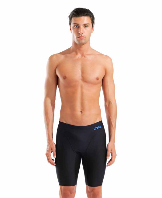 Arena men's Hyperflow solid jammer in black and blue, designed for competitive swimming, featuring a snug fit and durable fabric. 982