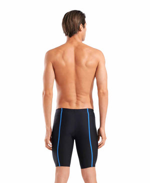 Arena Men's Hyperflow solid jammer in black and blue, designed for competitive swimming, features a sleek athletic fit.