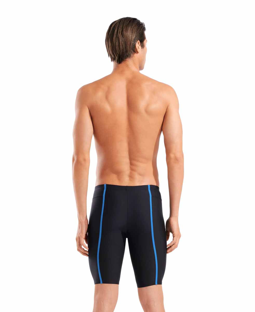 Arena Men's Hyperflow solid jammer in black and blue, designed for competitive swimming, features a sleek athletic fit.