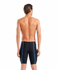 Arena Men's Hyperflow solid jammer in black and blue, designed for competitive swimming, features a sleek athletic fit.