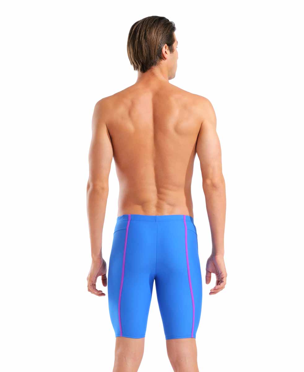 Arena men's Hyperflow solid jammer in blue and purple fabric, designed for competitive swimming.
